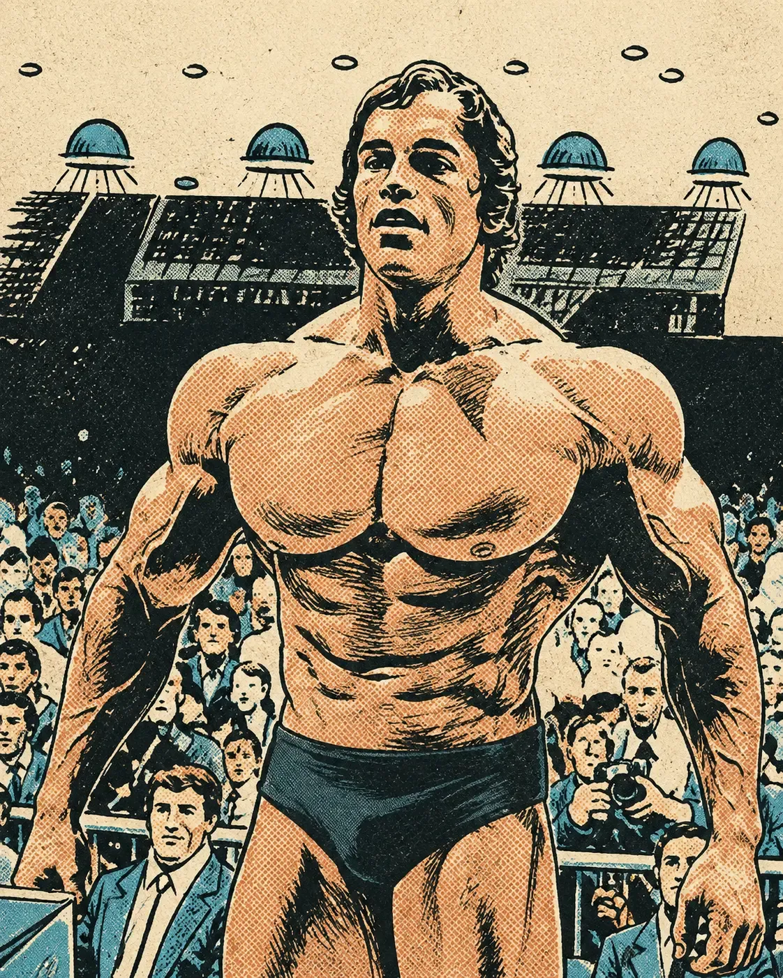 Vintage comic-book illustration of a bodybuilder posing on stage in front of a packed crowd